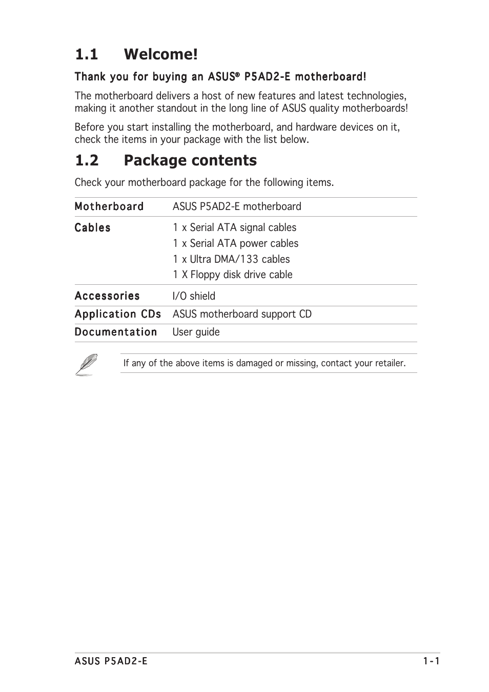 1 welcome, 2 package contents | Asus P5AD2-E User Manual | Page 15 / 122