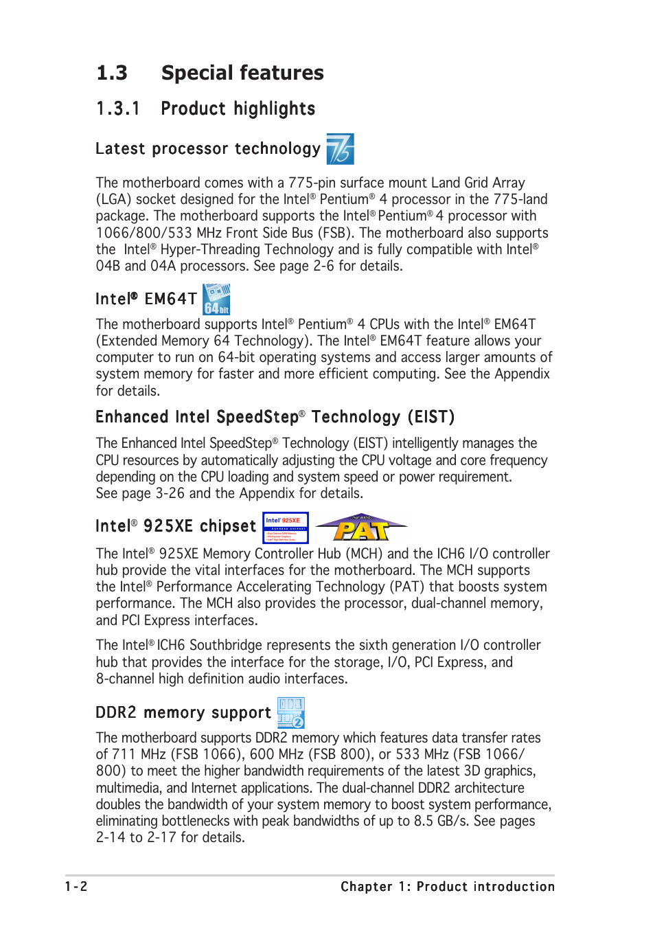 3 special features | Asus P5AD2-E User Manual | Page 16 / 122