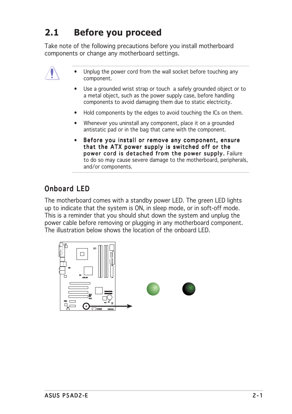 1 before you proceed, Onboard led | Asus P5AD2-E User Manual | Page 23 / 122