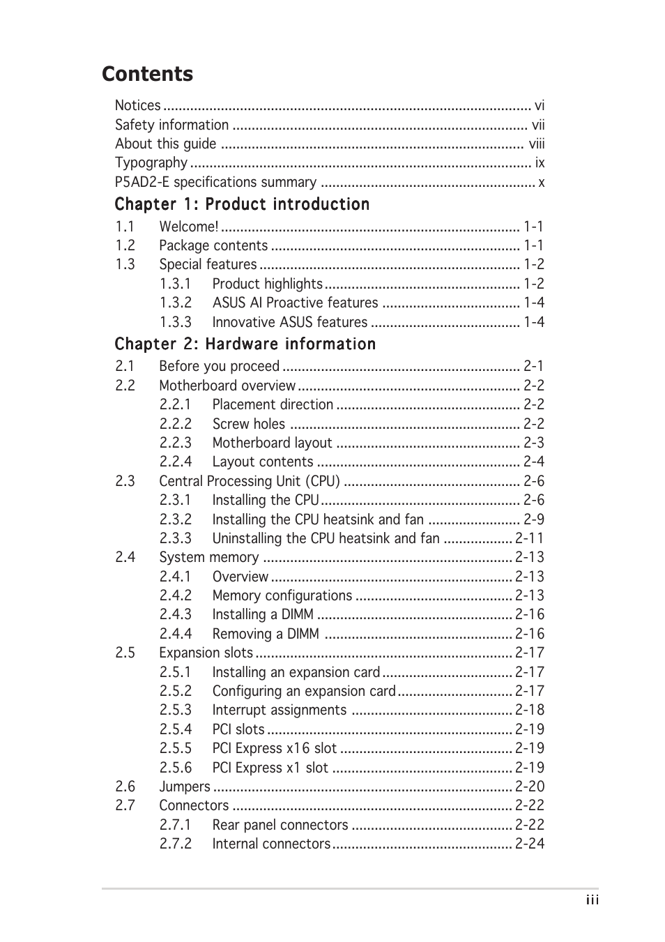 Asus P5AD2-E User Manual | Page 3 / 122