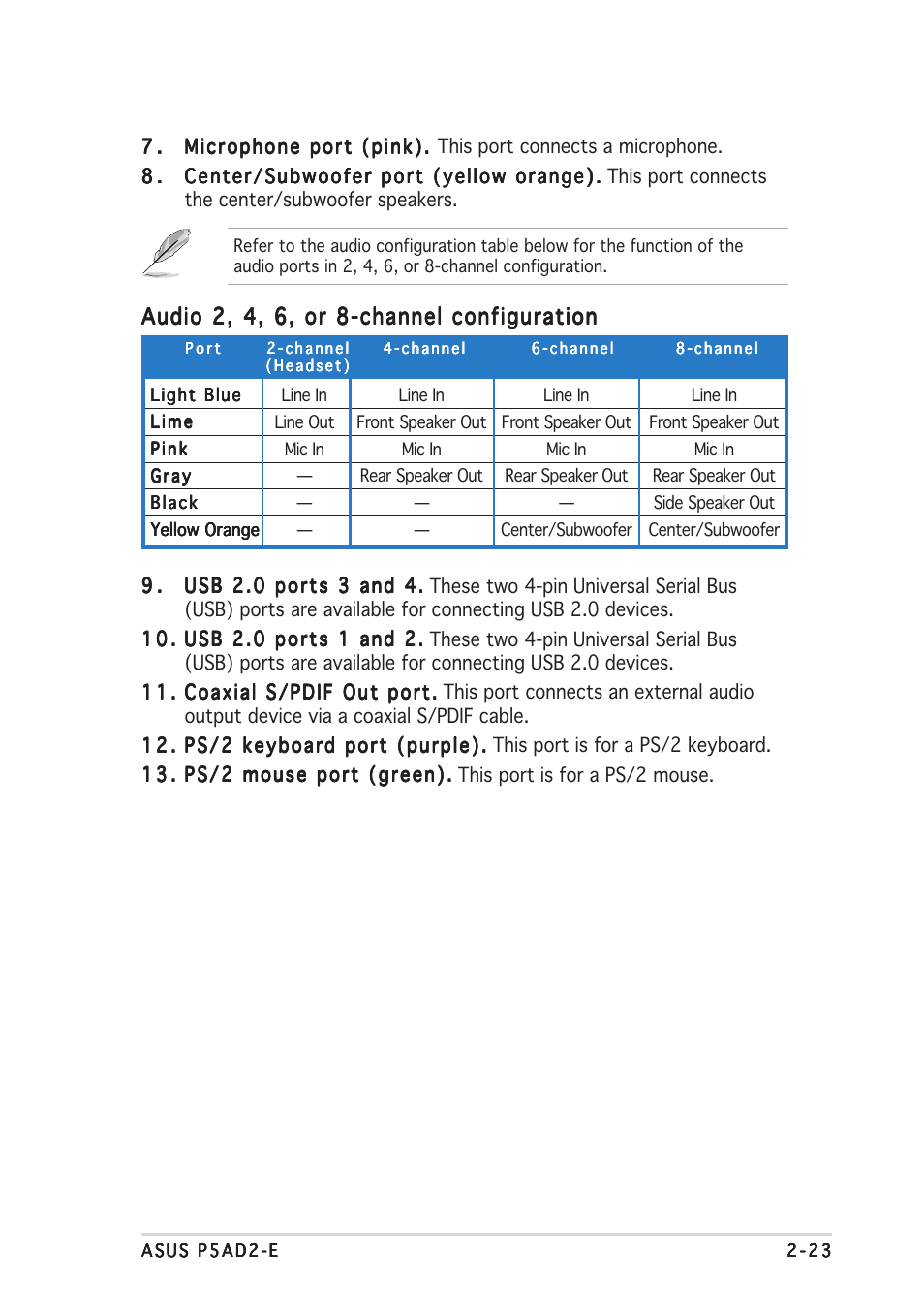 Audio 2, 4, 6, or 8-channel configuration | Asus P5AD2-E User Manual | Page 45 / 122