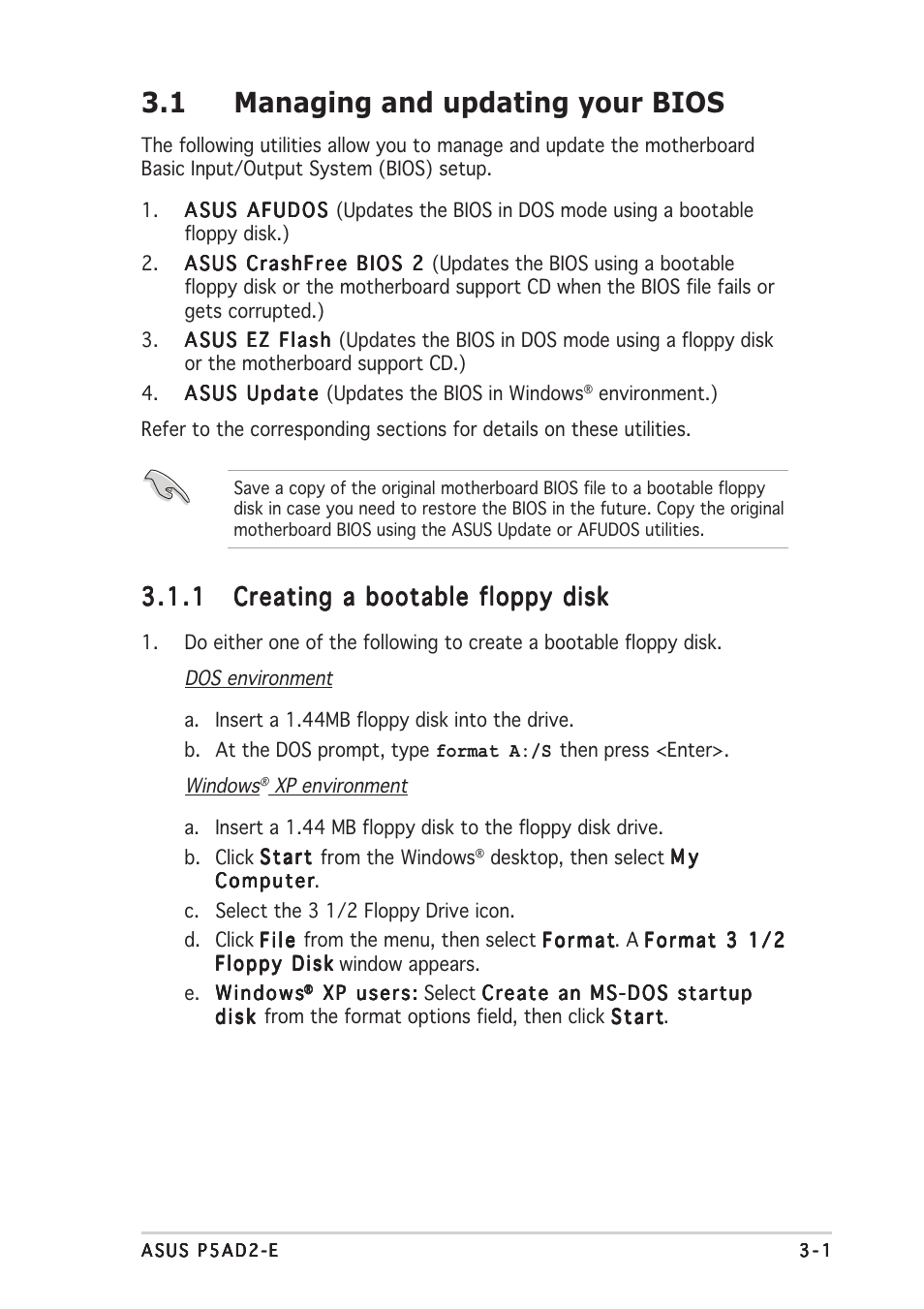 1 managing and updating your bios | Asus P5AD2-E User Manual | Page 57 / 122