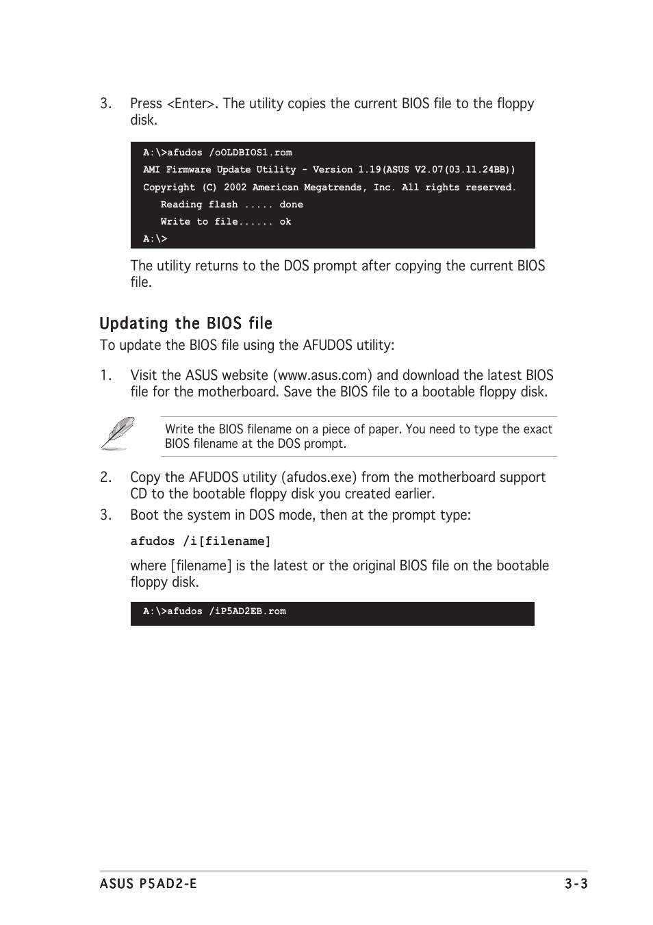 Updating the bios file | Asus P5AD2-E User Manual | Page 59 / 122