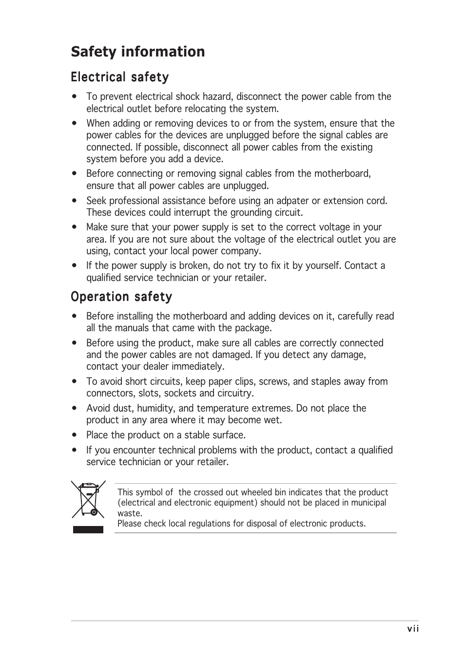 Safety information | Asus P5AD2-E User Manual | Page 7 / 122