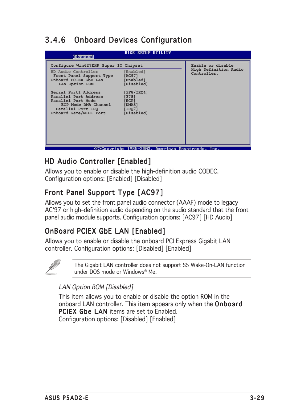 Hd audio controller [enabled, Front panel support type [ac97, Onboard pciex gbe lan [enabled | Asus P5AD2-E User Manual | Page 85 / 122