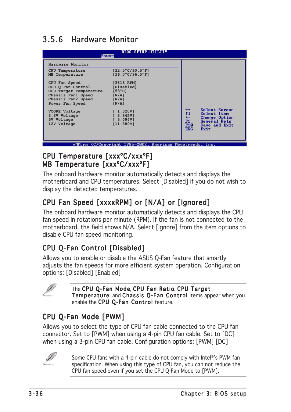 Cpu temperature [xxxºc/xxxºf, Cpu q-fan control [disabled, Cpu q-fan mode [pwm | Asus P5AD2-E User Manual | Page 92 / 122