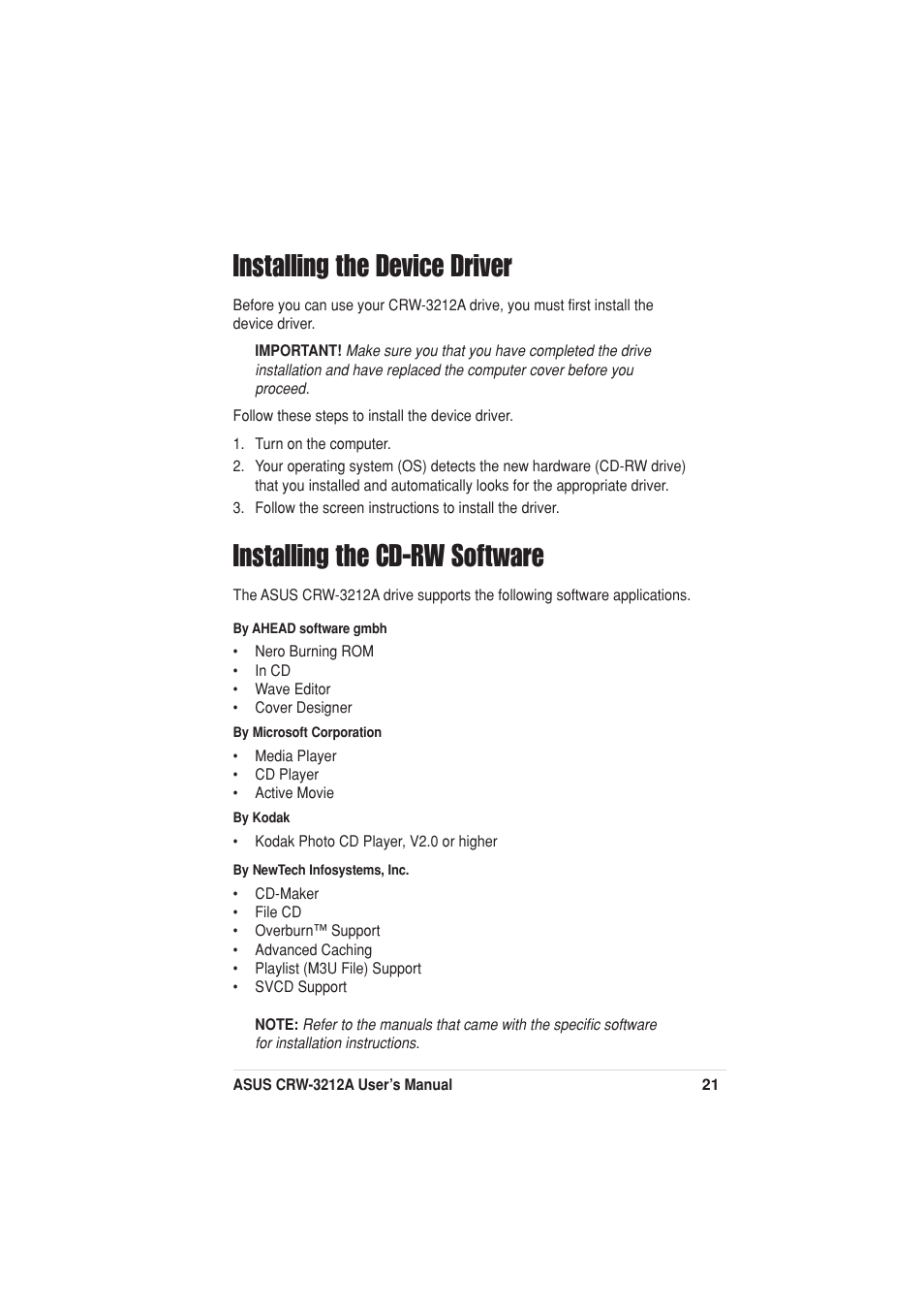 Installing the device driver, Installing the cd-rw software | Asus Network Device CRW-3212A User Manual | Page 13 / 18