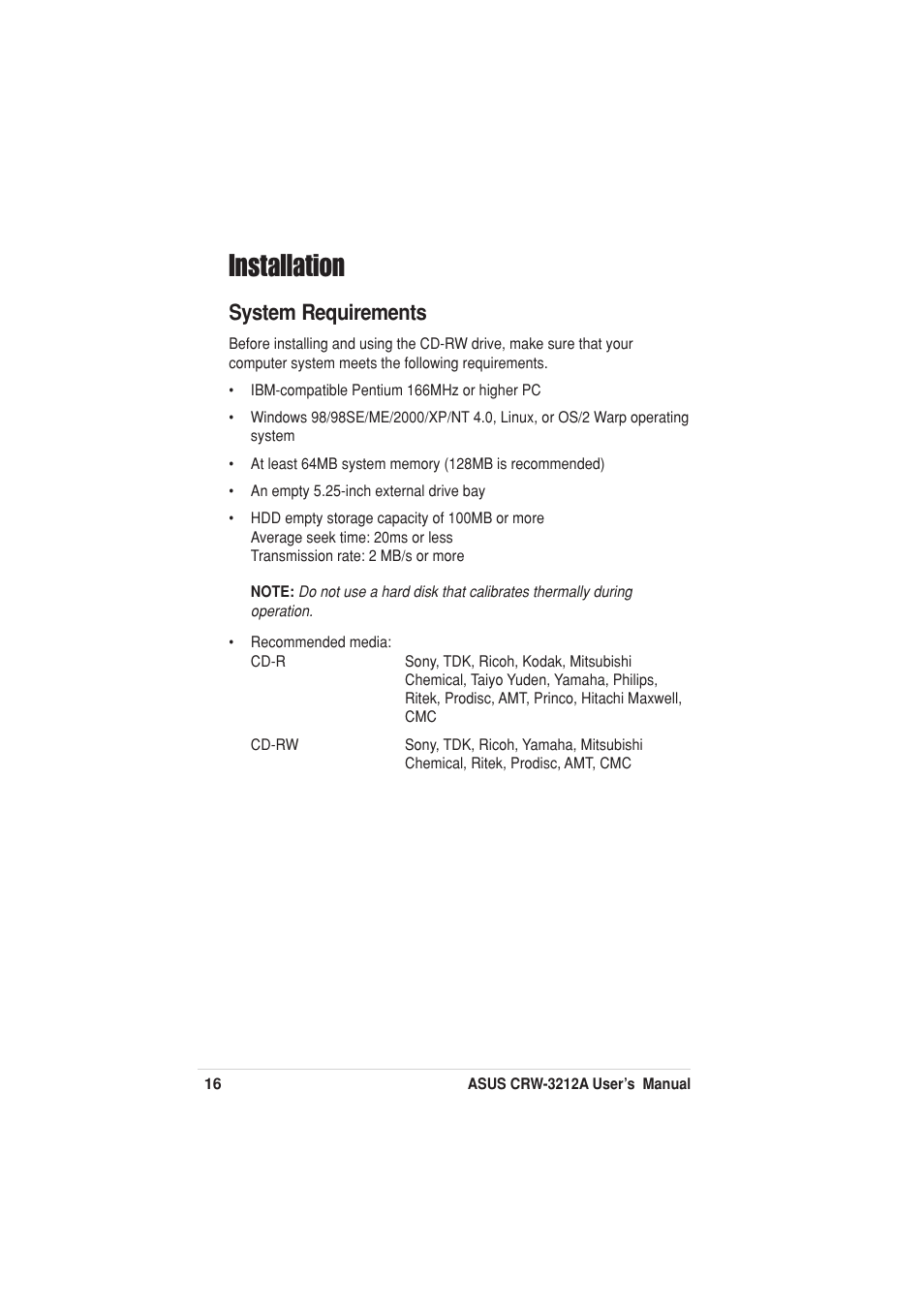 Installation, System requirements | Asus Network Device CRW-3212A User Manual | Page 8 / 18