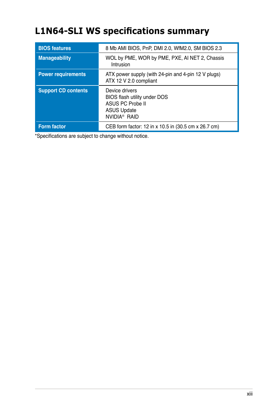 L1n64-sli ws specifications summary | Asus L1N64-SLI WS User Manual | Page 13 / 110