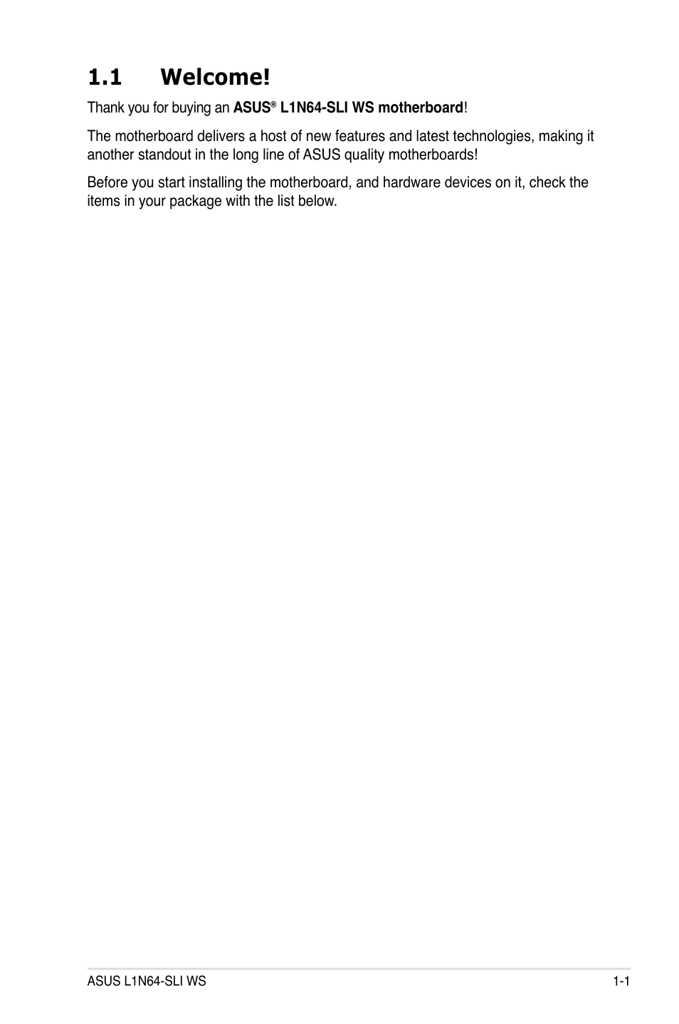 1 welcome | Asus L1N64-SLI WS User Manual | Page 17 / 110