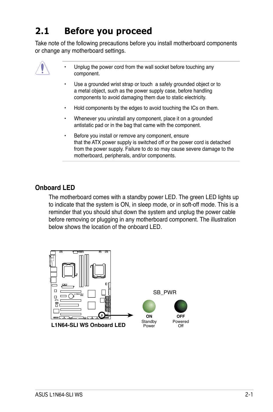 1 before you proceed, Onboard led | Asus L1N64-SLI WS User Manual | Page 23 / 110