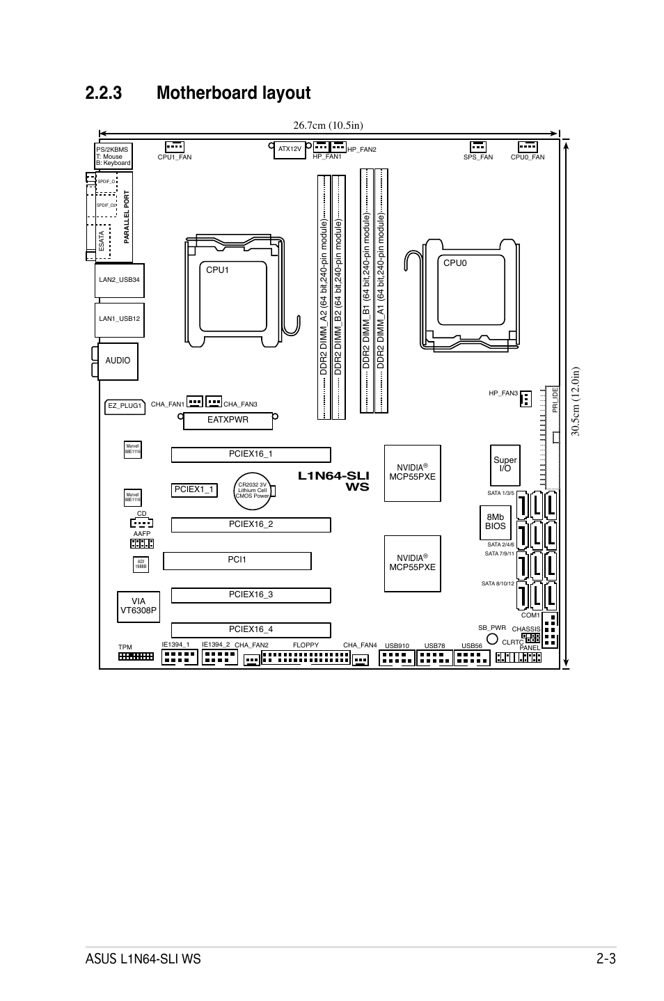 3 motherboard layout, Asus l1n64-sli ws 2, L1n64-sli ws | 7cm (10.5in), 5cm (12.0in) | Asus L1N64-SLI WS User Manual | Page 25 / 110