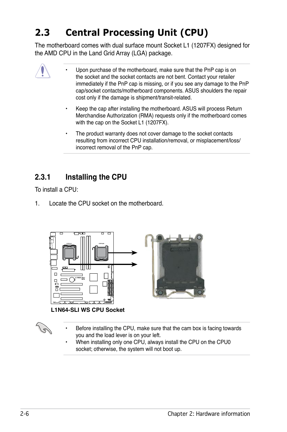 3 central processing unit (cpu), 1 installing the cpu | Asus L1N64-SLI WS User Manual | Page 28 / 110