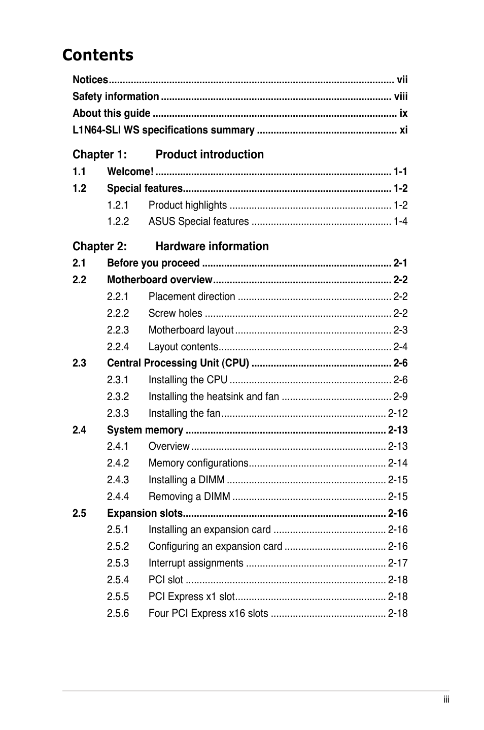 Asus L1N64-SLI WS User Manual | Page 3 / 110