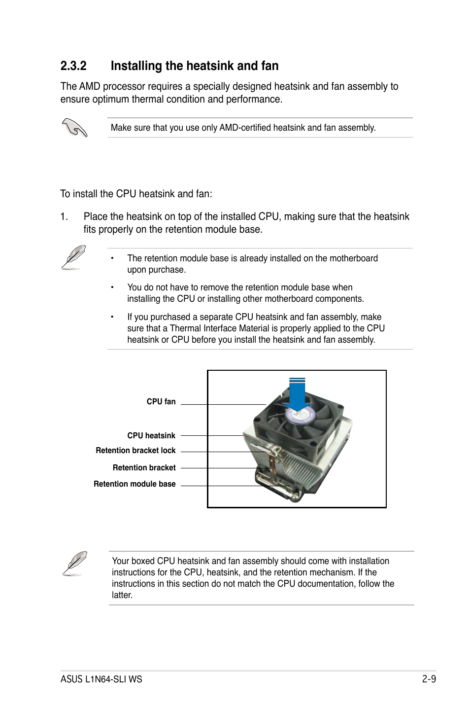 2 installing the heatsink and fan | Asus L1N64-SLI WS User Manual | Page 31 / 110