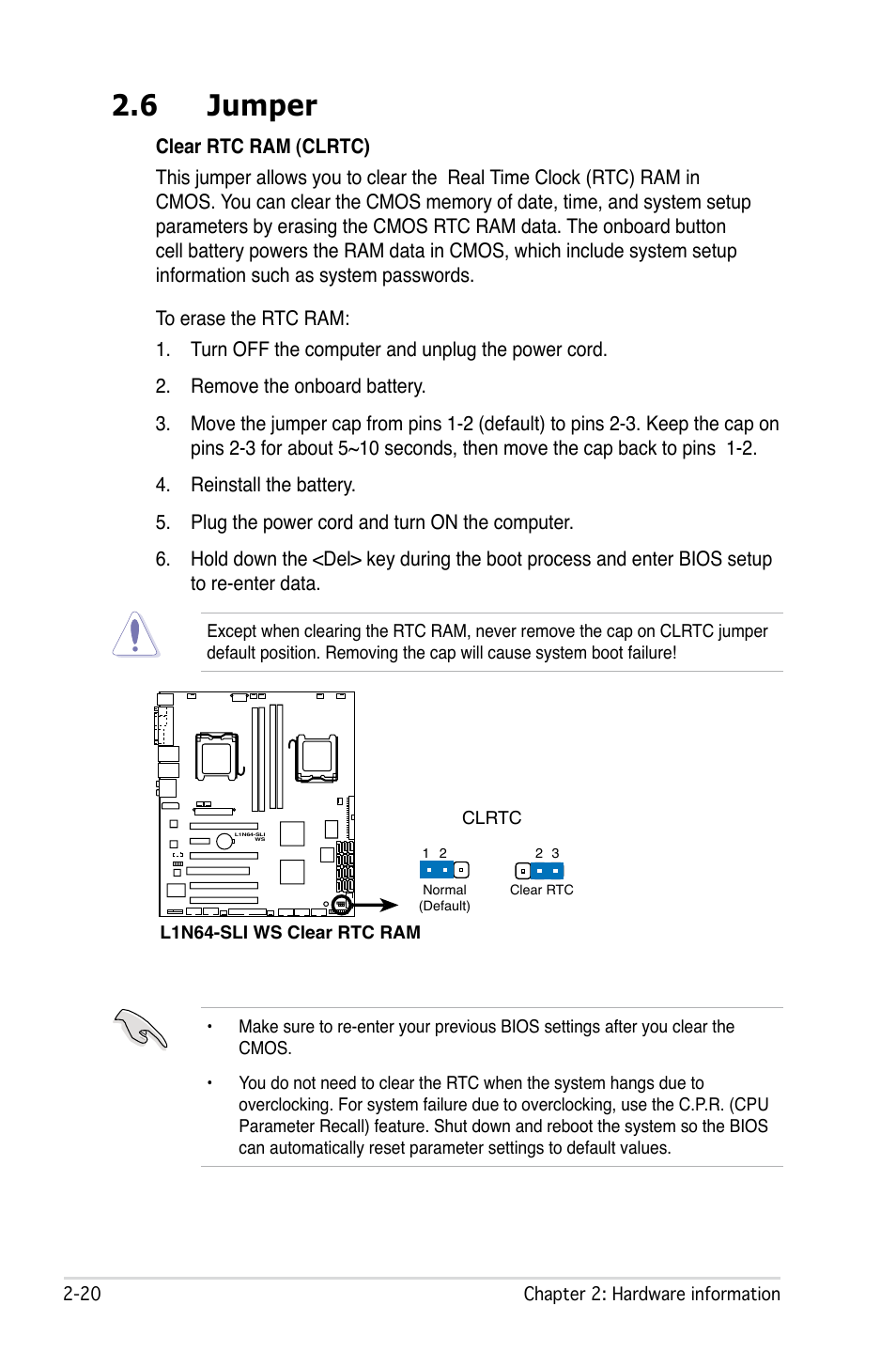 6 jumper | Asus L1N64-SLI WS User Manual | Page 42 / 110