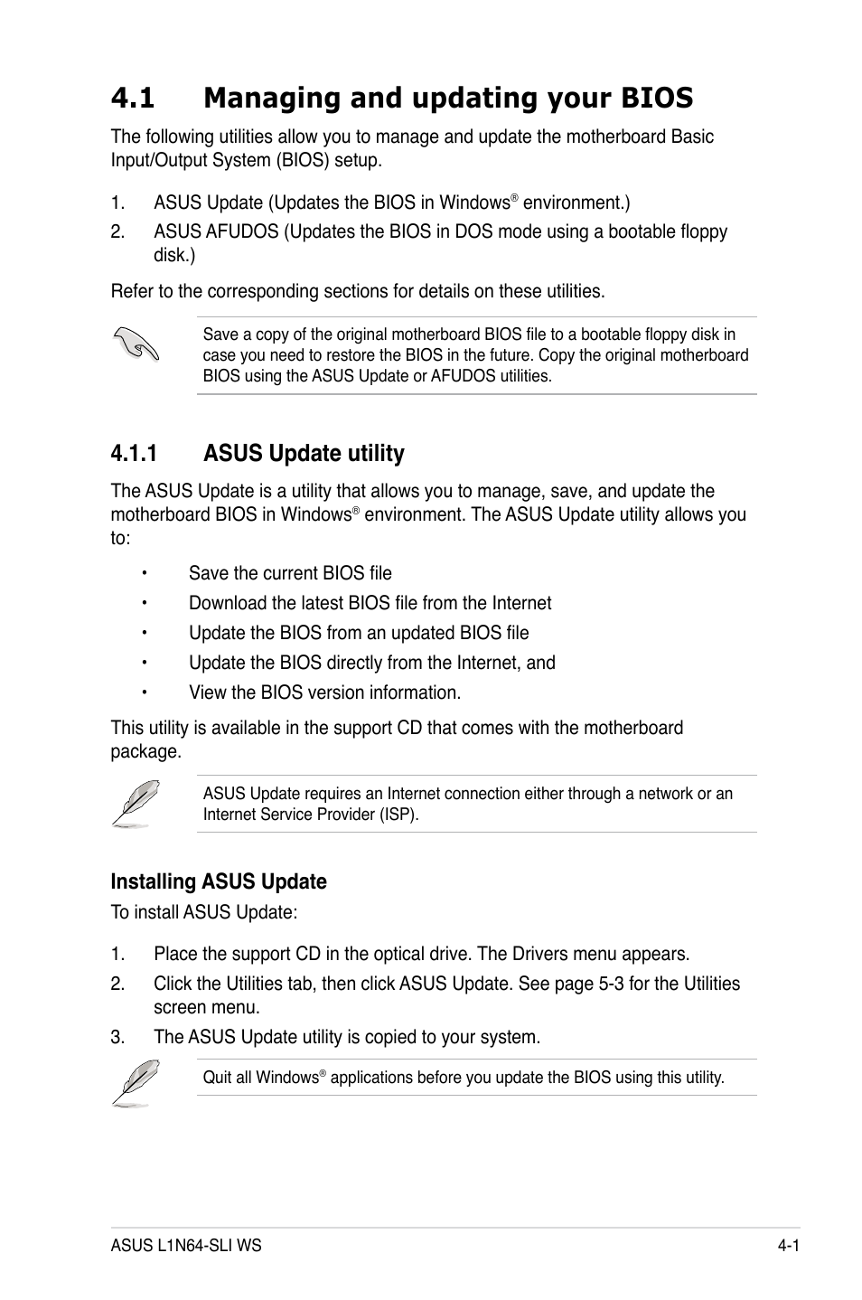 1 managing and updating your bios, 1 asus update utility | Asus L1N64-SLI WS User Manual | Page 61 / 110