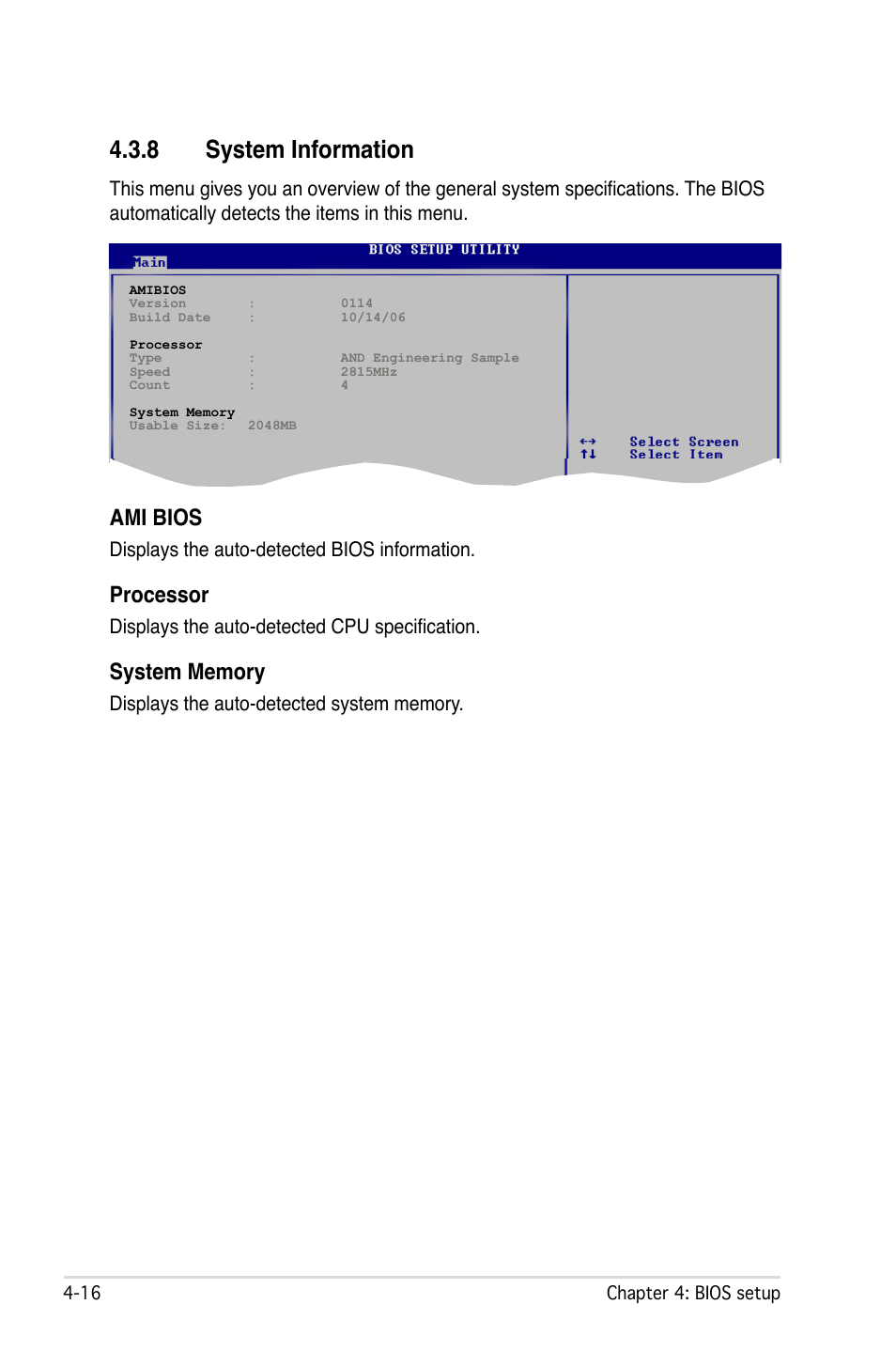 8 system information, Ami bios, Processor | Displays the auto-detected bios information, Displays the auto-detected cpu specification | Asus L1N64-SLI WS User Manual | Page 76 / 110