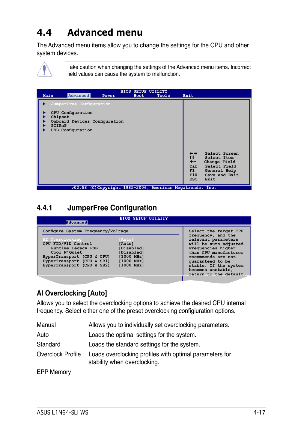 4 advanced menu, 1 jumperfree configuration, Ai overclocking [auto | Asus L1N64-SLI WS User Manual | Page 77 / 110