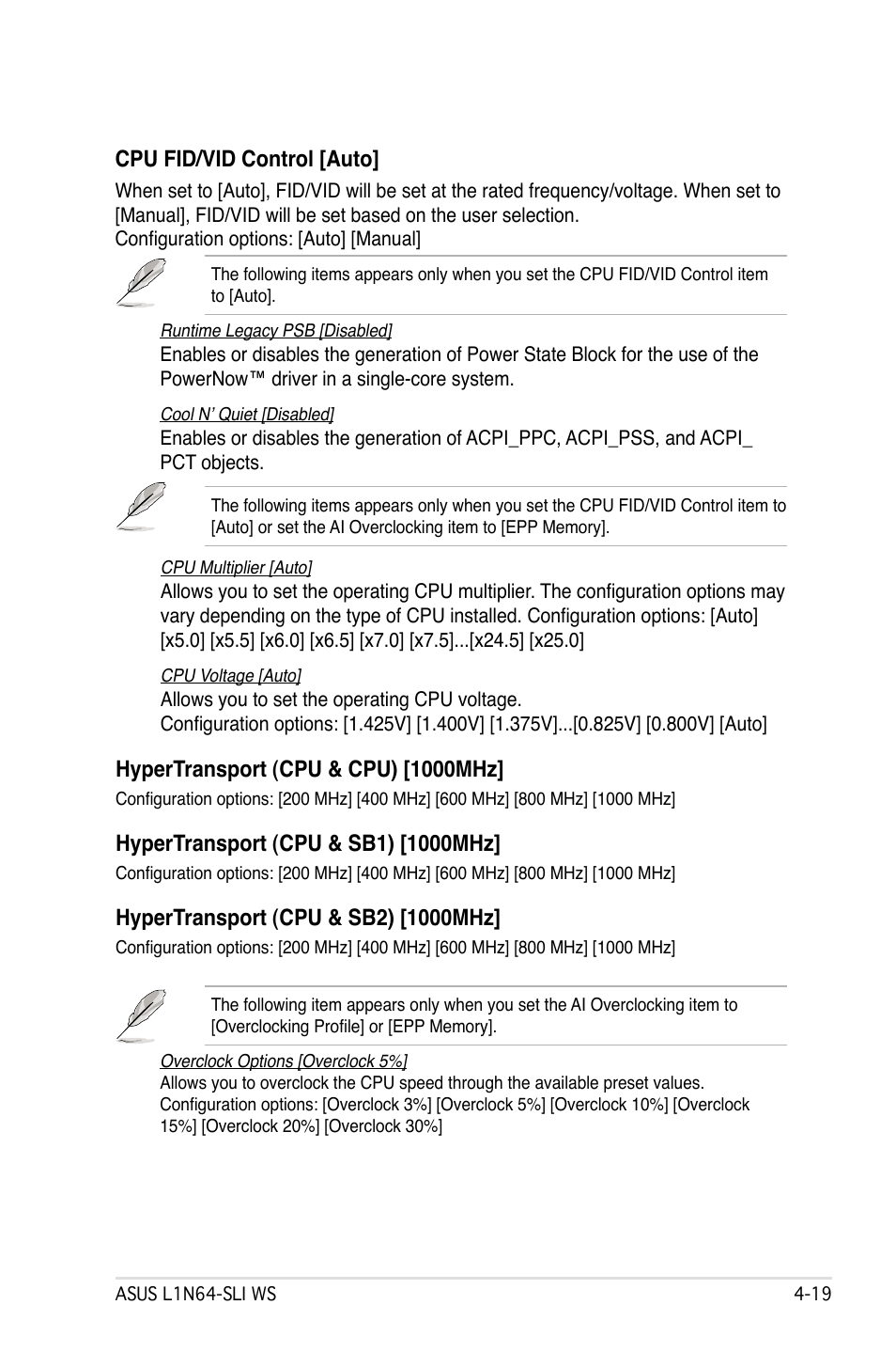 Cpu fid/vid control [auto, Hypertransport (cpu & cpu) [1000mhz | Asus L1N64-SLI WS User Manual | Page 79 / 110