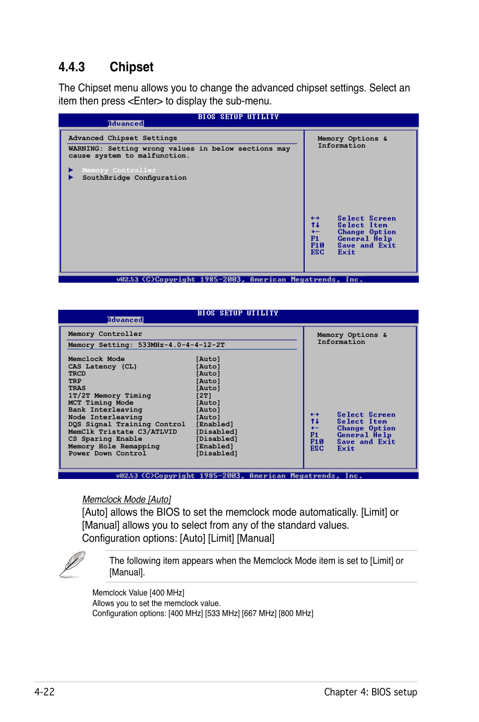 3 chipset, 22 chapter : bios setup, Memclock mode [auto | Asus L1N64-SLI WS User Manual | Page 82 / 110