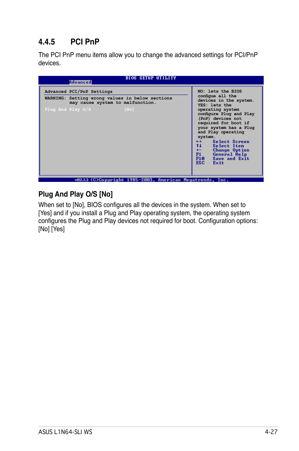 5 pci pnp, Plug and play o/s [no | Asus L1N64-SLI WS User Manual | Page 87 / 110