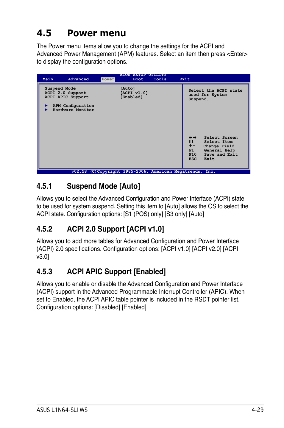 5 power menu, 1 suspend mode [auto, 3 acpi apic support [enabled | Asus L1N64-SLI WS User Manual | Page 89 / 110