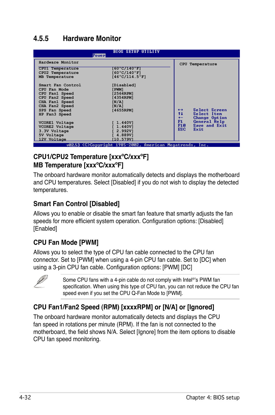 5 hardware monitor, Smart fan control [disabled, Cpu fan mode [pwm | Asus L1N64-SLI WS User Manual | Page 92 / 110