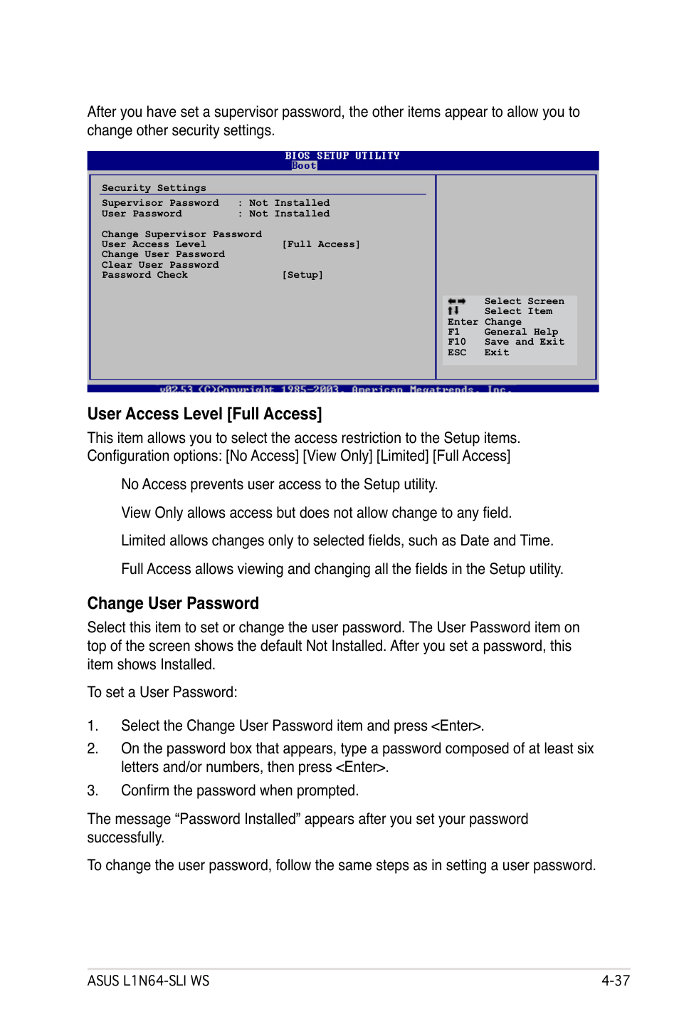 User access level [full access, Change user password | Asus L1N64-SLI WS User Manual | Page 97 / 110