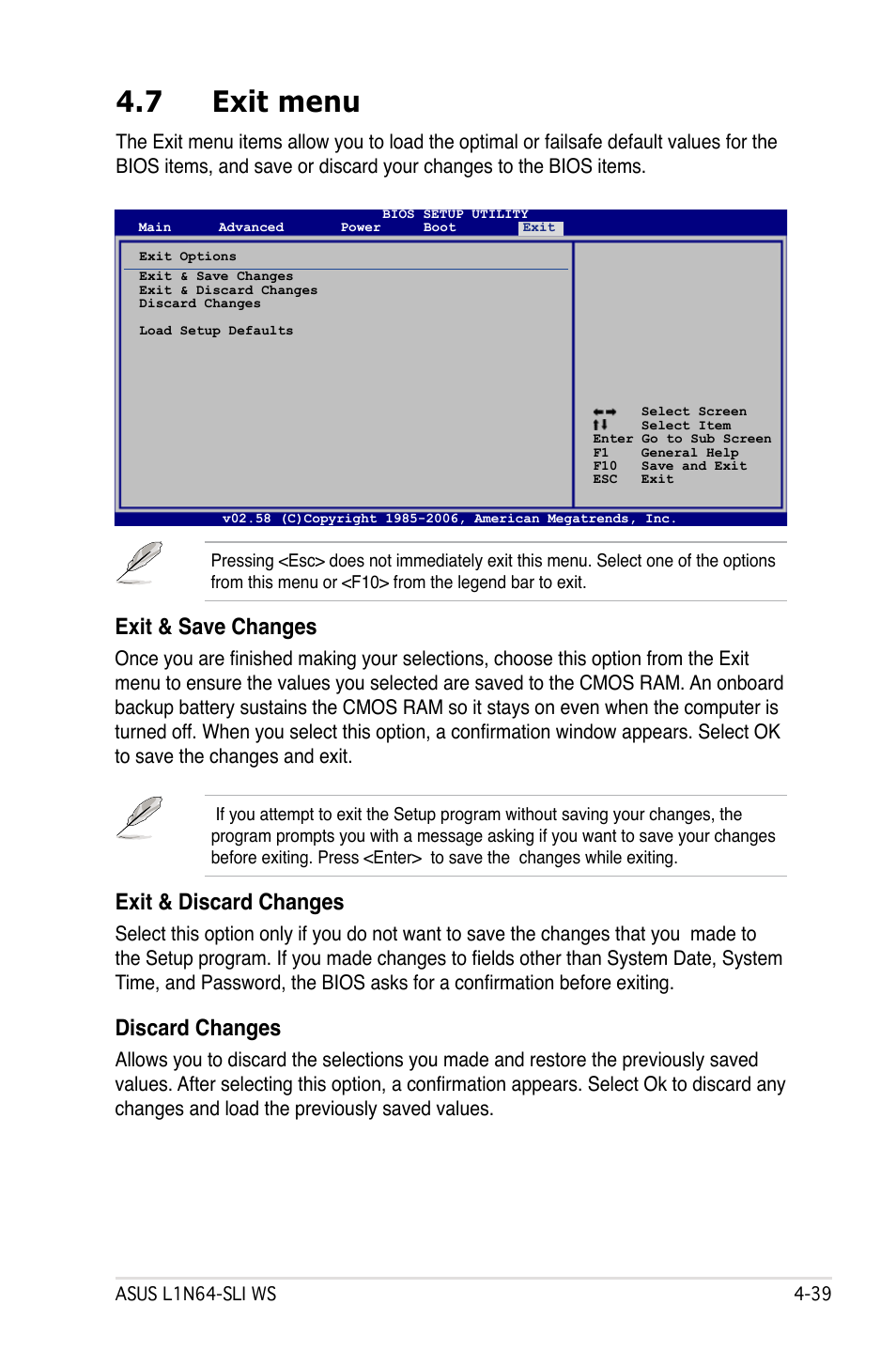 7 exit menu, Exit & discard changes, Discard changes | Exit & save changes | Asus L1N64-SLI WS User Manual | Page 99 / 110