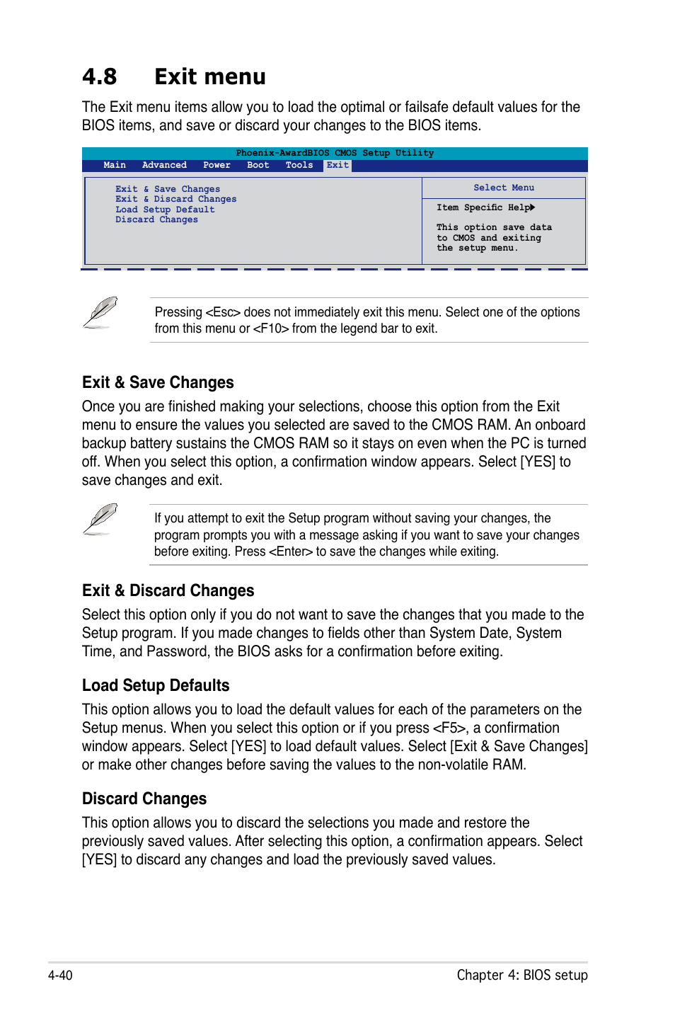 8 exit menu, Exit & save changes, Exit & discard changes | Load setup defaults, Discard changes | Asus VISTA EDITION M2N-PLUS SLI User Manual | Page 102 / 154