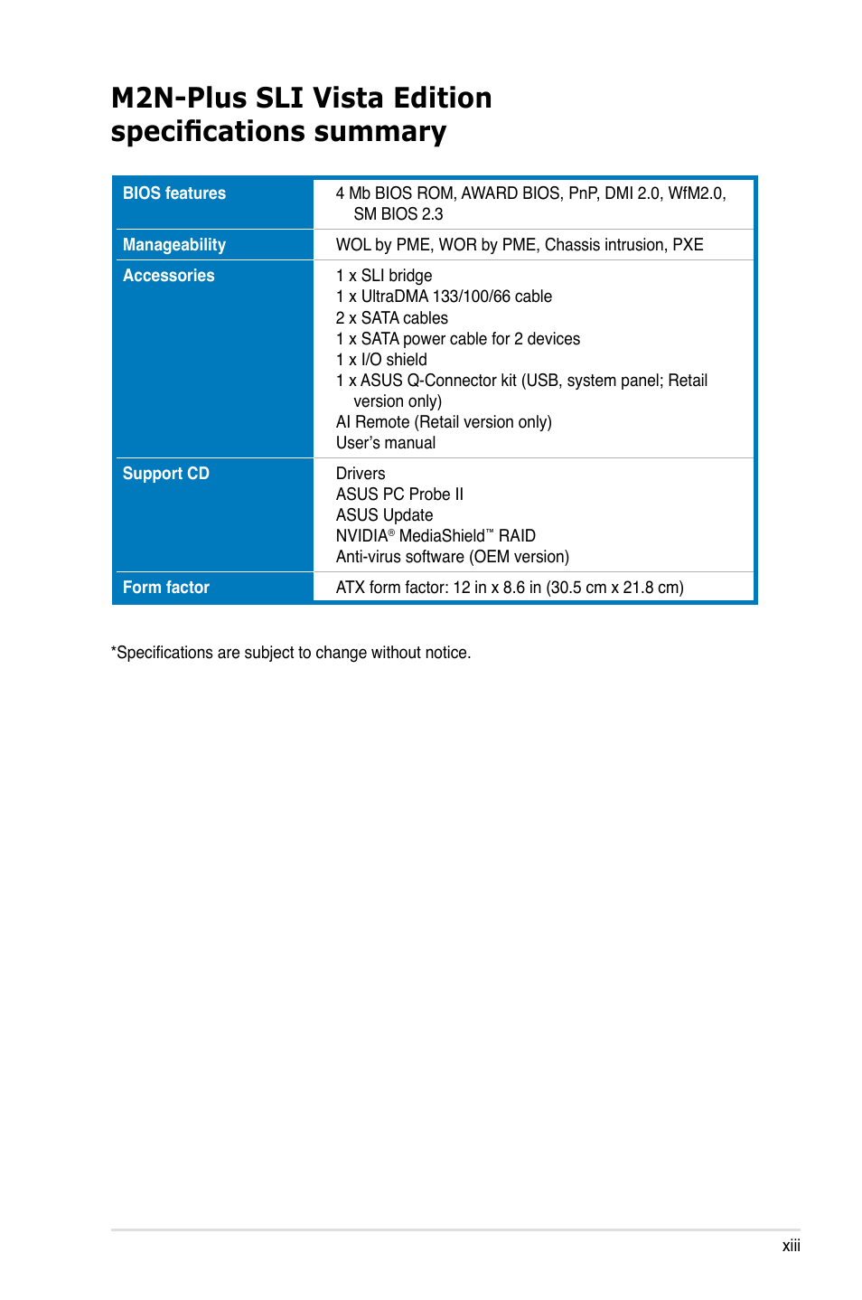 M2n-plus sli vista edition specifications summary | Asus VISTA EDITION M2N-PLUS SLI User Manual | Page 13 / 154