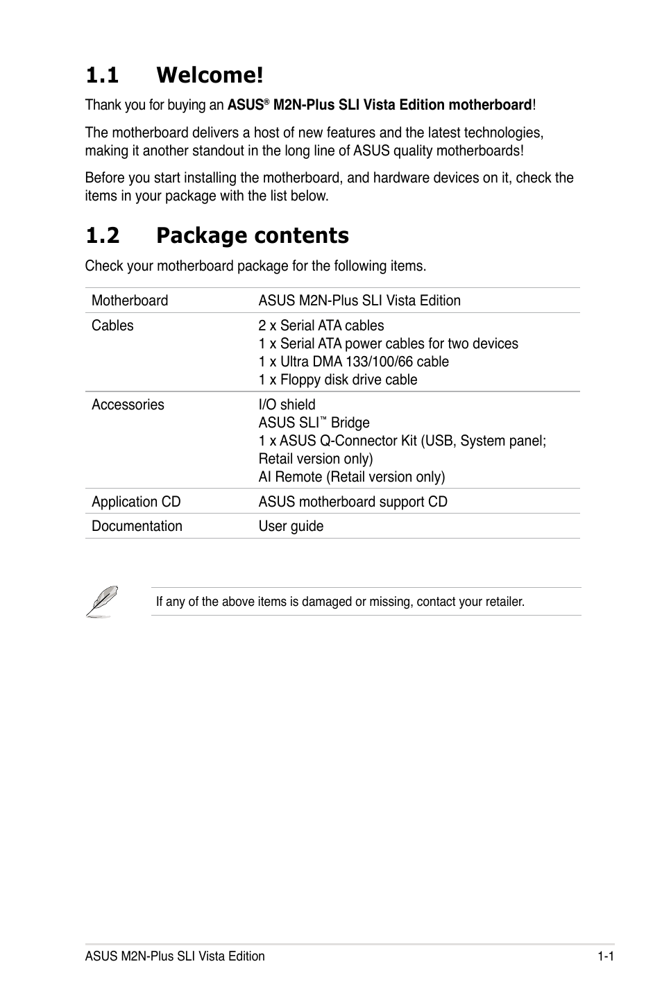 1 welcome, 2 package contents | Asus VISTA EDITION M2N-PLUS SLI User Manual | Page 17 / 154