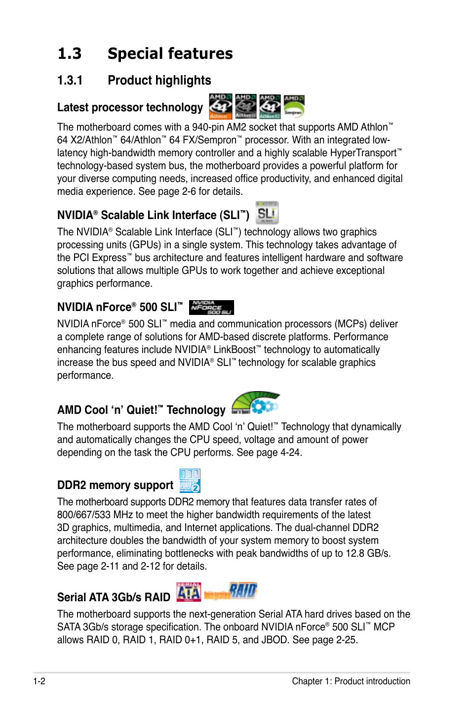 3 special features, 1 product highlights, Latest processor technology | Nvidia, Scalable link interface (sli, Nvidia nforce, 500 sli, Amd cool ‘n’ quiet, Technology, Serial ata 3gb/s raid | Asus VISTA EDITION M2N-PLUS SLI User Manual | Page 18 / 154