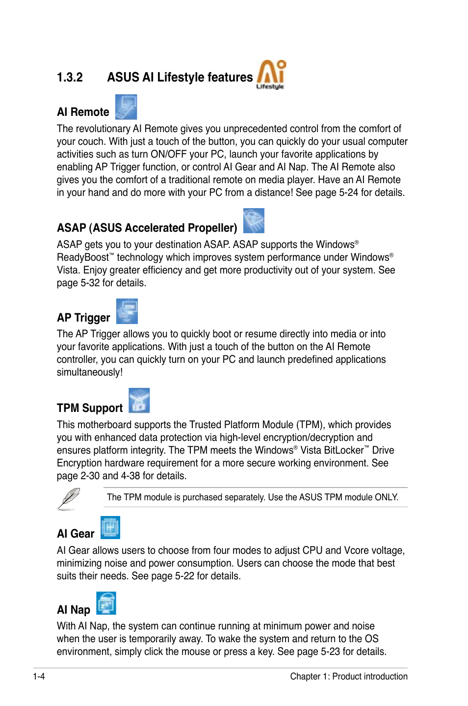 2 asus ai lifestyle features, Ai remote, Asap (asus accelerated propeller) | Ap trigger, Tpm support, Ai gear, Ai nap | Asus VISTA EDITION M2N-PLUS SLI User Manual | Page 20 / 154