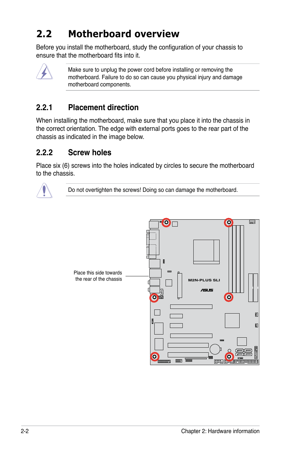 2 motherboard overview, 1 placement direction, 2 screw holes | Asus VISTA EDITION M2N-PLUS SLI User Manual | Page 26 / 154