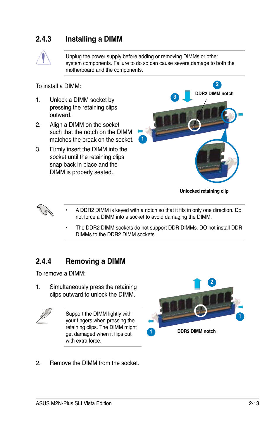 3 installing a dimm, 4 removing a dimm | Asus VISTA EDITION M2N-PLUS SLI User Manual | Page 37 / 154