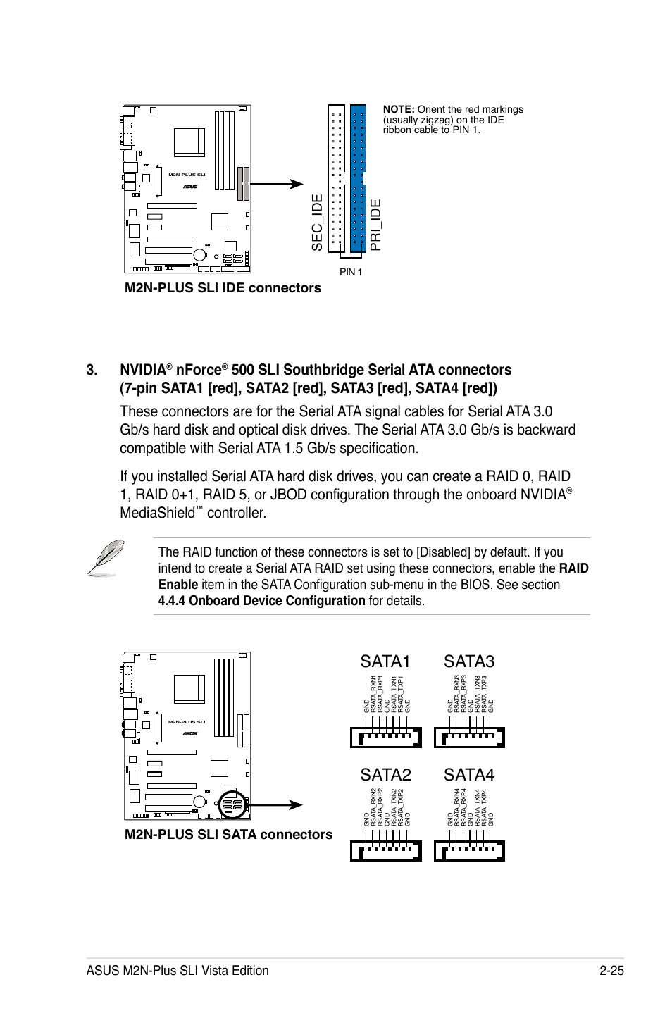 Nvidia, Nforce, Mediashield | Controller, Asus m2n-plus sli vista edition 2-25, M2n-plus sli ide connectors sec_id e, Pri_id e, M2n-plus sli sata connectors sata1, Sata3, Sata4 | Asus VISTA EDITION M2N-PLUS SLI User Manual | Page 49 / 154