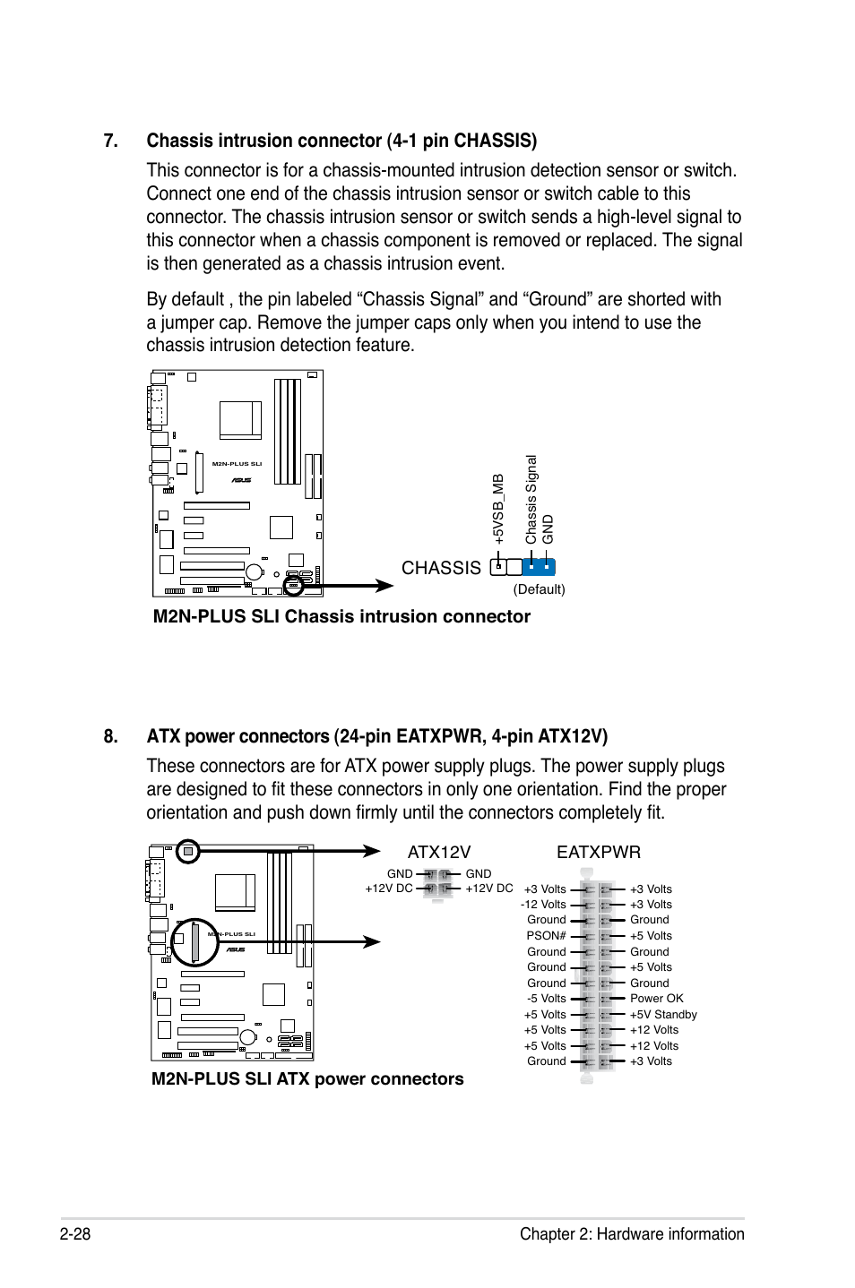 M2n-plus sli chassis intrusion connector chassis, 28 chapter 2: hardware information, M2n-plus sli atx power connectors eatxpwr atx12v | Asus VISTA EDITION M2N-PLUS SLI User Manual | Page 52 / 154