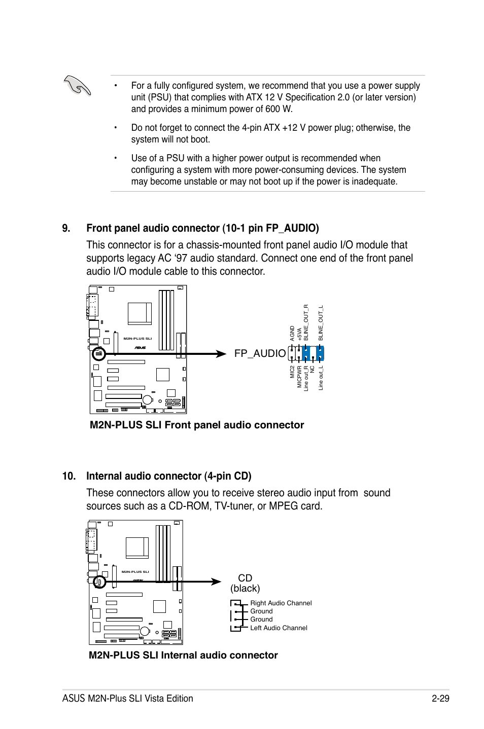 M2n-plus sli front panel audio connector fp_audio, M2n-plus sli internal audio connector cd (black) | Asus VISTA EDITION M2N-PLUS SLI User Manual | Page 53 / 154