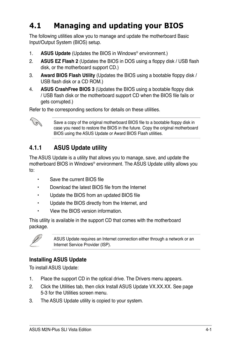 1 managing and updating your bios, 1 asus update utility | Asus VISTA EDITION M2N-PLUS SLI User Manual | Page 63 / 154