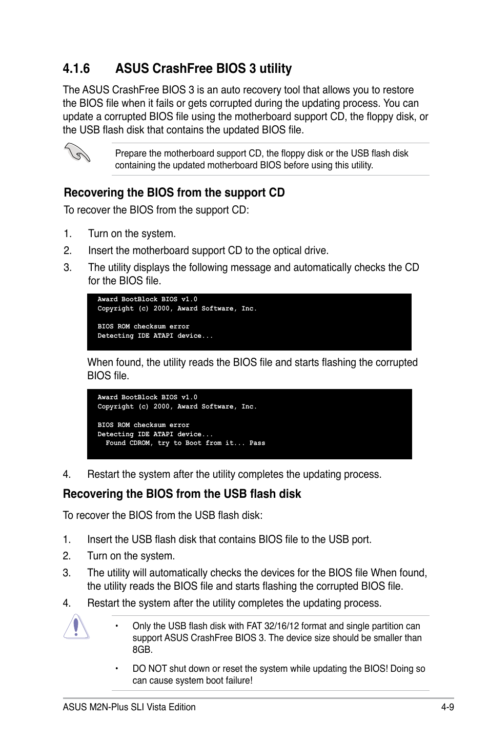 6 asus crashfree bios 3 utility, Recovering the bios from the support cd, Recovering the bios from the usb flash disk | Asus VISTA EDITION M2N-PLUS SLI User Manual | Page 71 / 154