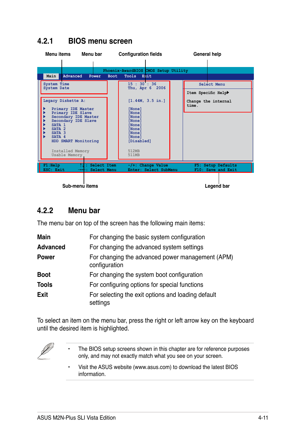 1 bios menu screen, 2 menu bar | Asus VISTA EDITION M2N-PLUS SLI User Manual | Page 73 / 154