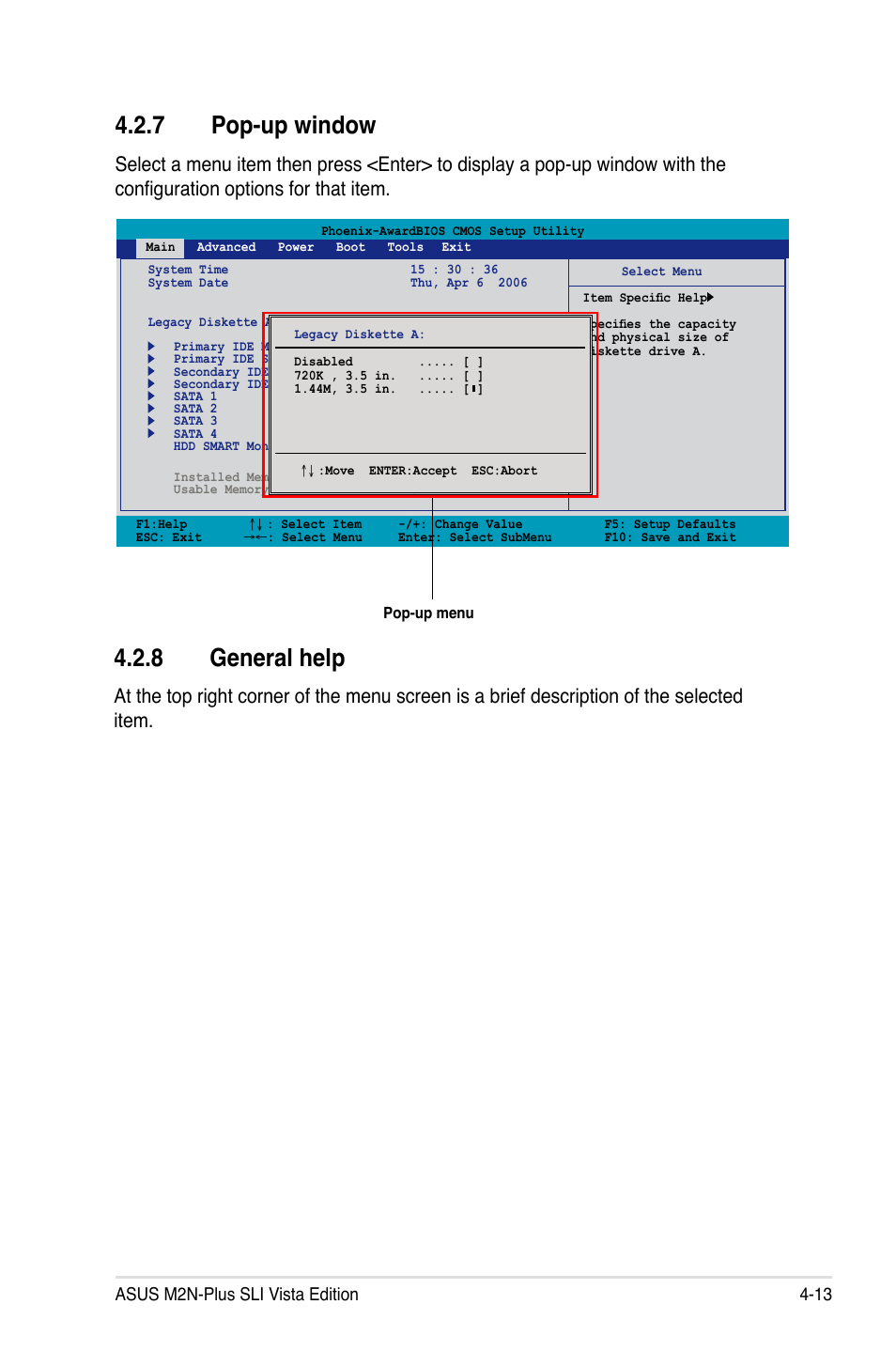 7 pop-up window, 8 general help, Asus m2n-plus sli vista edition 4-13 | Asus VISTA EDITION M2N-PLUS SLI User Manual | Page 75 / 154