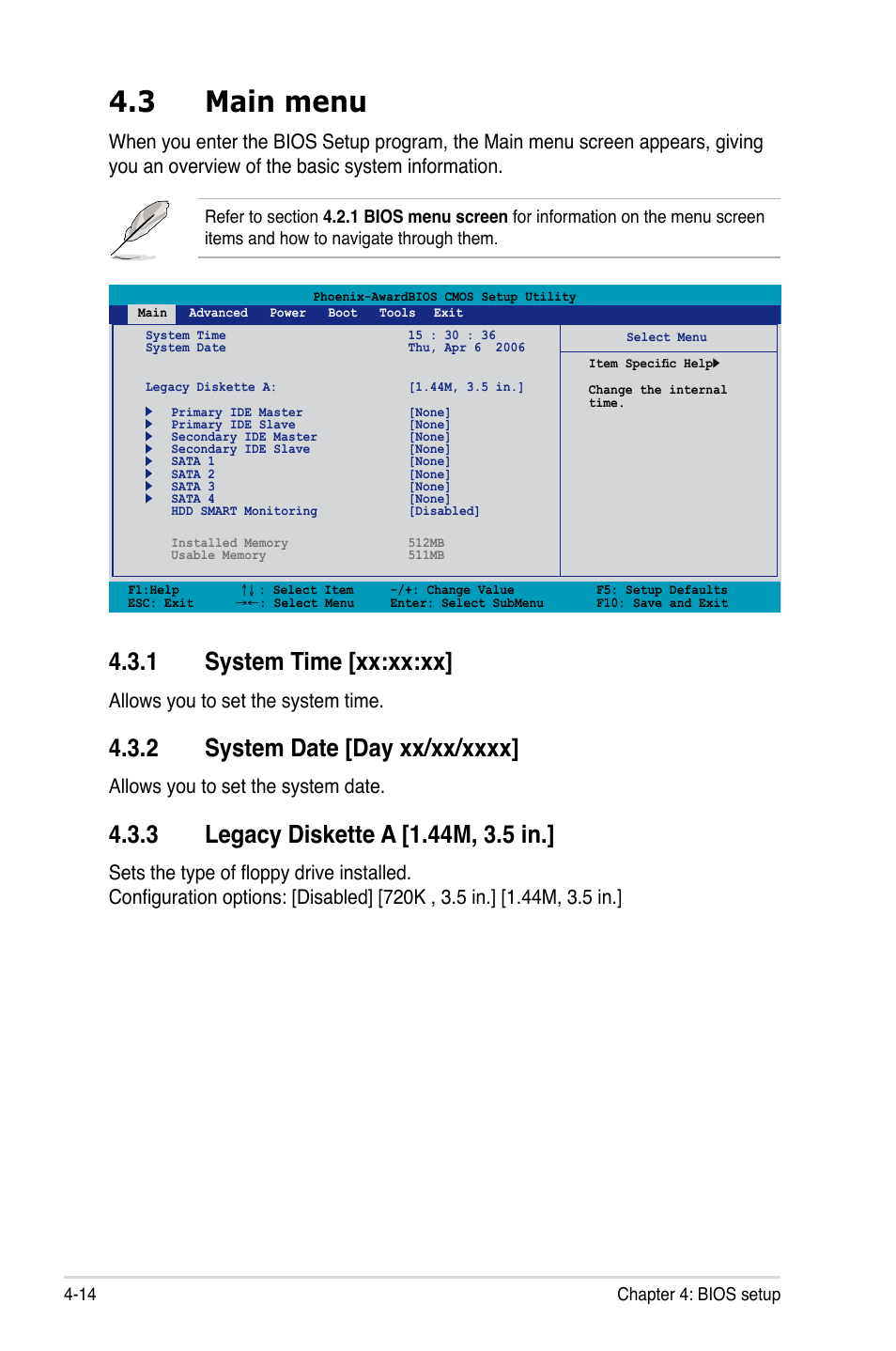 3 main menu, 1 system time [xx:xx:xx, Allows you to set the system time | Allows you to set the system date | Asus VISTA EDITION M2N-PLUS SLI User Manual | Page 76 / 154