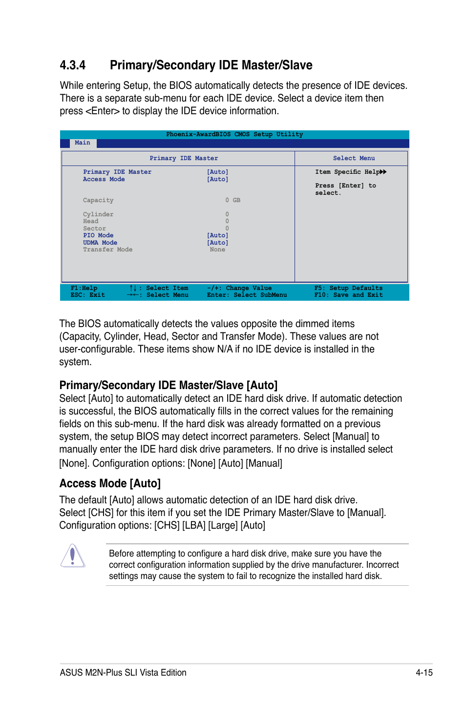 4 primary/secondary ide master/slave, Primary/secondary ide master/slave [auto, Access mode [auto | Asus VISTA EDITION M2N-PLUS SLI User Manual | Page 77 / 154