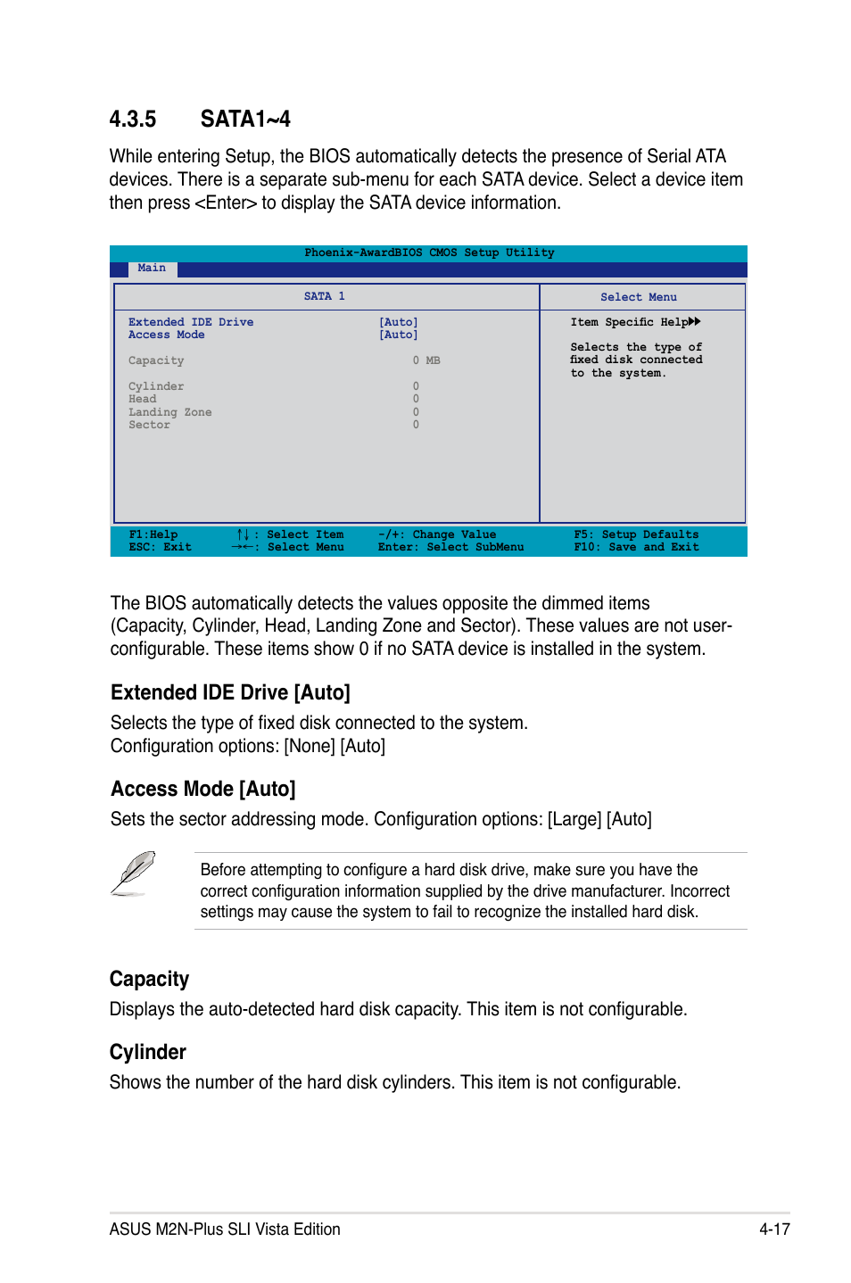 5 sata1~4, Extended ide drive [auto, Access mode [auto | Capacity, Cylinder | Asus VISTA EDITION M2N-PLUS SLI User Manual | Page 79 / 154