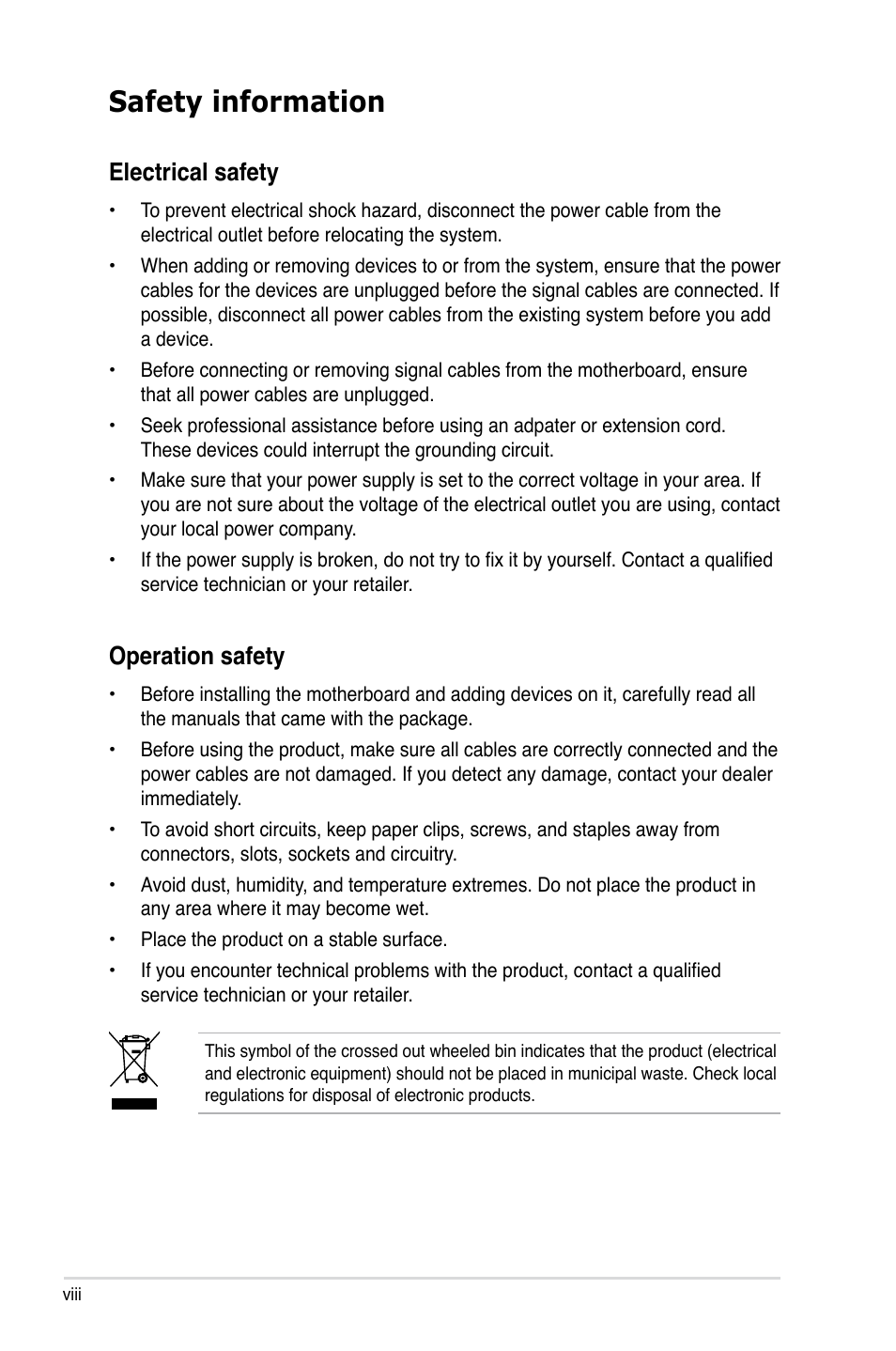 Safety information, Electrical safety, Operation safety | Asus VISTA EDITION M2N-PLUS SLI User Manual | Page 8 / 154