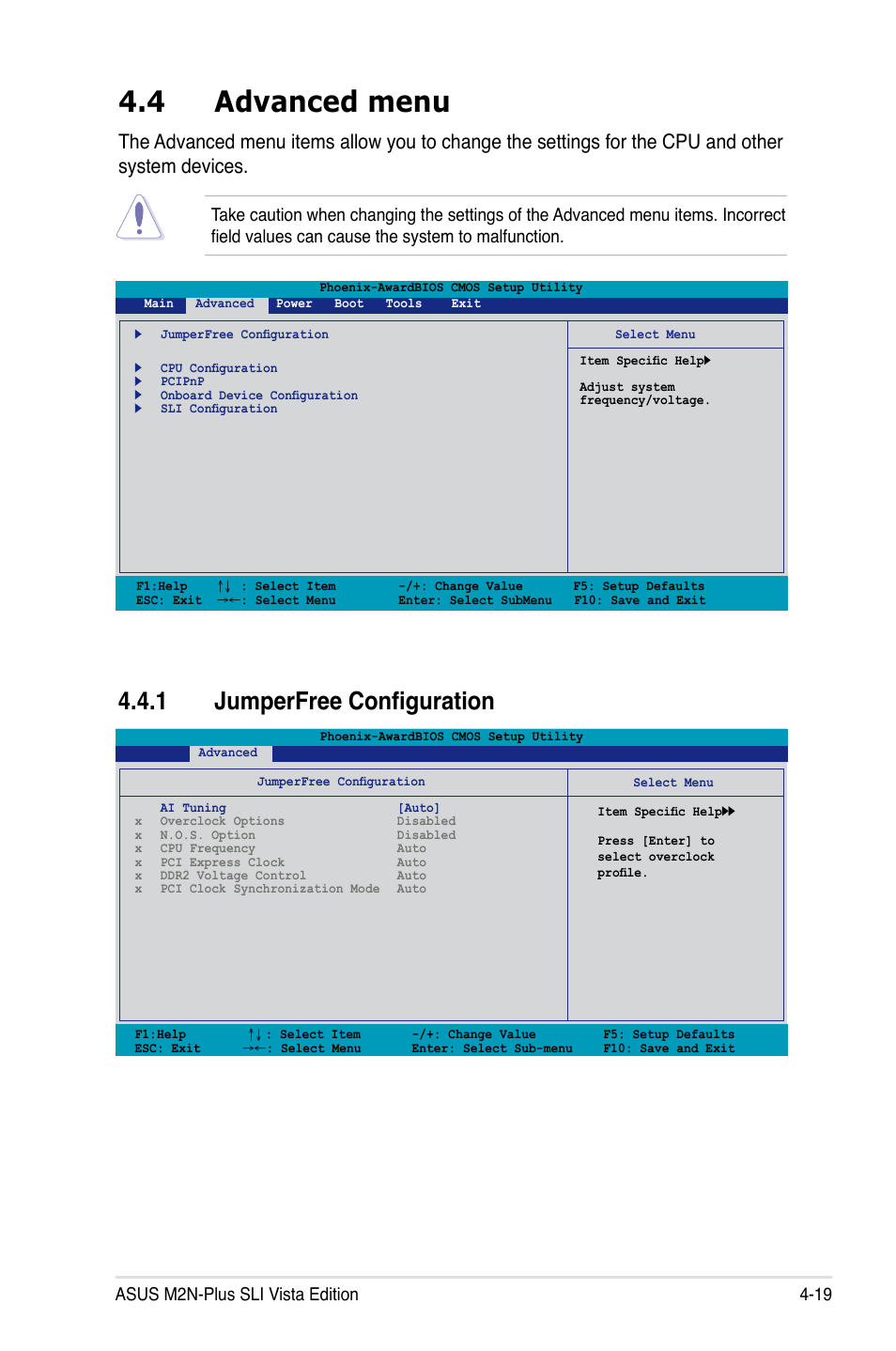 4 advanced menu, 1 jumperfree configuration, Asus m2n-plus sli vista edition 4-19 | Asus VISTA EDITION M2N-PLUS SLI User Manual | Page 81 / 154