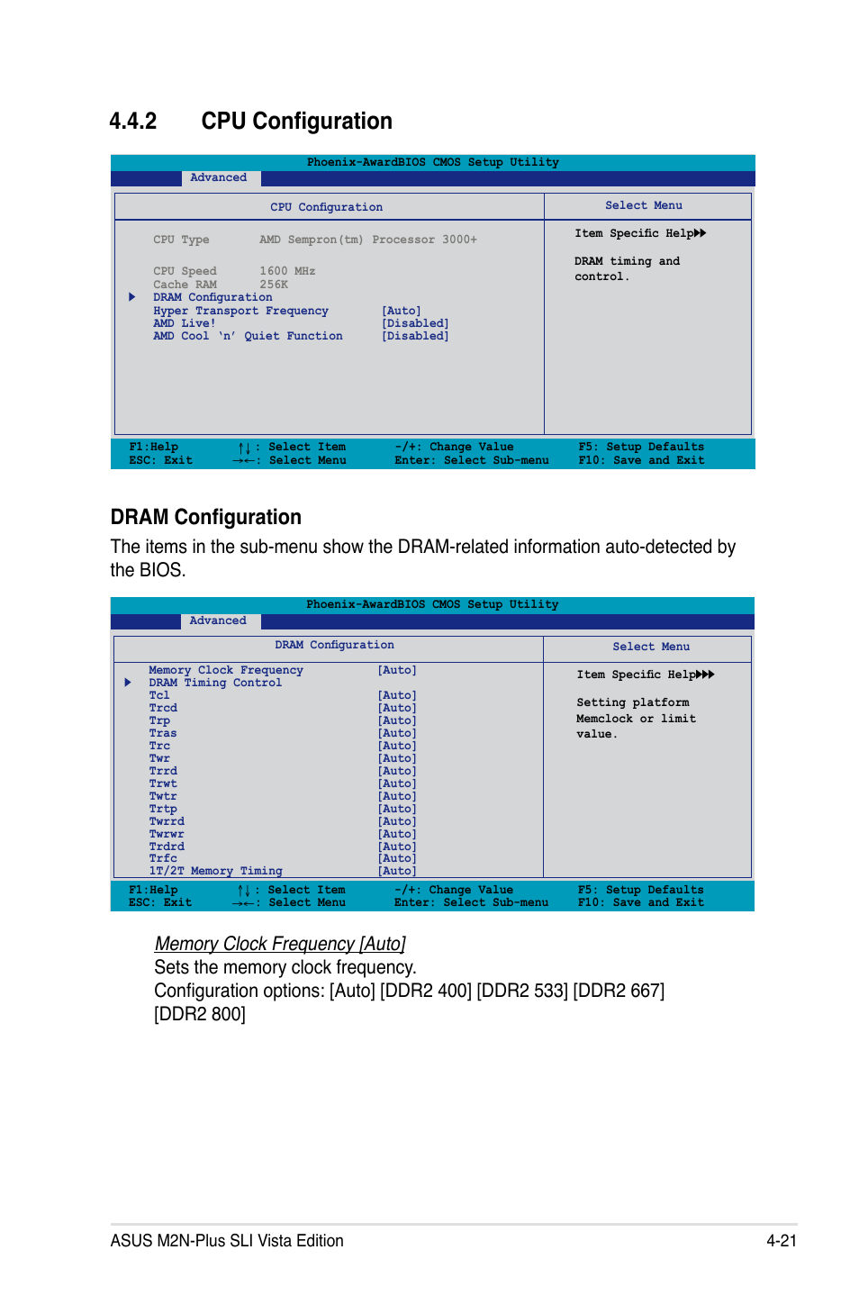 2 cpu configuration, Dram configuration, Asus m2n-plus sli vista edition 4-21 | Asus VISTA EDITION M2N-PLUS SLI User Manual | Page 83 / 154